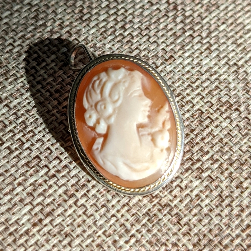 Vintage Victorian Sterling Silver + Gold Rope Carved Cameo Pendant Brooch